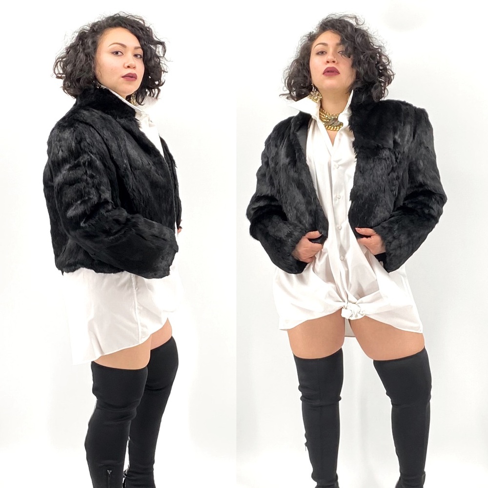 Vintage Cropped Black Rabbit Fur Coat Jacket M/L - Picture 6 of 16